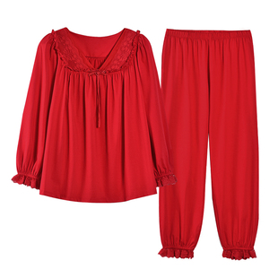 浪莎2026年新款女士红色睡衣纯棉长袖本命年春秋款大码宽松家居服