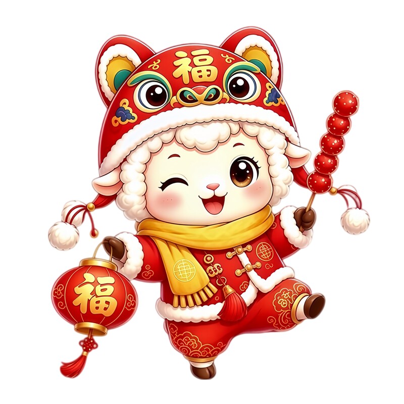 国潮卡通小羊墙贴新年贴纸虎头帽萌羊灯笼糖葫芦新春防水装饰贴纸