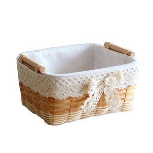 藤编木片编织收纳篮子小号桌面零食化妆品收纳盒竹编收纳框收纳筐