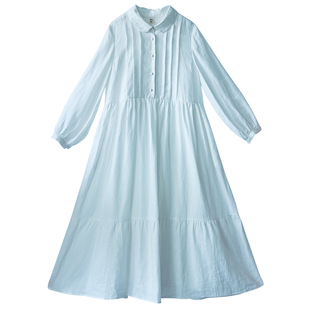 【白芷午后】文艺亚麻连衣裙女长袖气质衬衫裙高级感夏装白色长裙