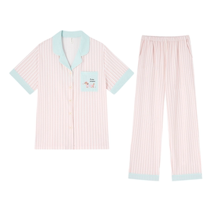 纯棉睡衣女夏季2026新款女款秋春短袖长裤带胸垫家居服套装粉色夏