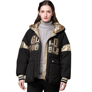 休闲羽绒服女短款2025秋冬黑金撞色宽松时尚保暖连帽白鸭绒外套