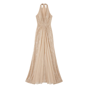 新娘婚礼订婚晚宴生日超仙法式亮片婚纱高级晚礼服香槟色金色