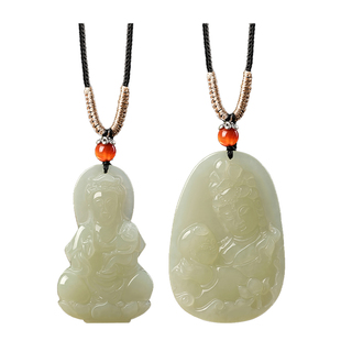 普陀山天然和田玉送子观音手抱童子吊坠添丁添福挂件男女好运玉佩