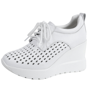 北西迪8CM内增高小白鞋女春夏镂空透气单鞋休闲系带厚底松糕鞋