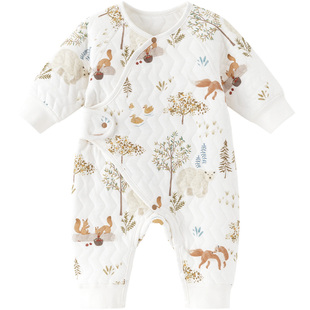 木生棉新生儿纯棉连体衣冬季婴儿三层夹丝哈衣宝宝保暖无骨和尚服