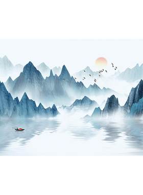 水墨山水画贴纸自粘风景画壁画