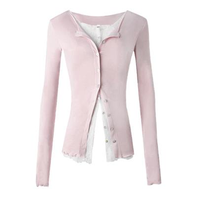 ourhour假两件蕾丝木耳边开衫