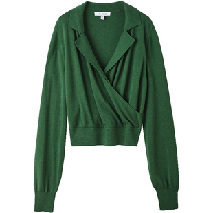 Re-BLUE轻奢优雅女装简约通勤气质V字领交叉设计短翻领针织毛衣