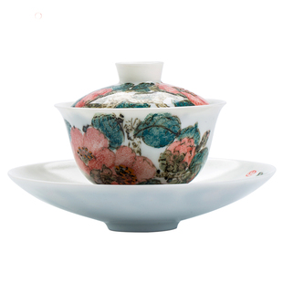 爱曼器/刘平汝窑瓷泥宝石釉中彩花卉壶盖碗系列高温手绘作品
