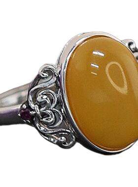 925银琥珀蜜蜡花纹戒指女民族风指环高级感装饰小众设计尾戒女