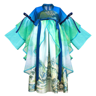 本格儿童汉服女童春秋季新品青绿中国风改良齐胸连衣裙