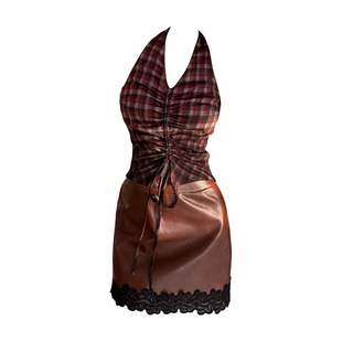 XZY/欣争艳 微胖港风复古抽褶格纹挂脖背心女25年夏花边皮裙套装