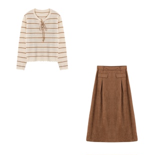 XWI欣未镂空罩衫毛衣套装女2026春季慵懒宽松绑带条纹针织两件套