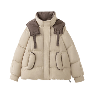 大码胖mm撞色拼接连帽羽绒棉服女冬季加厚保暖百搭面包服棉衣外套