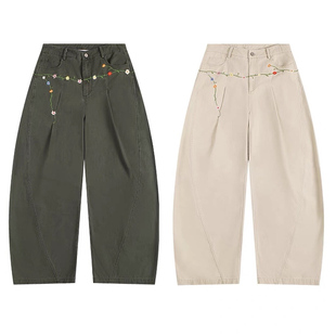 美式复古花卉刺绣工装牛仔裤男女同款宽松显瘦百搭休闲阔腿长裤潮
