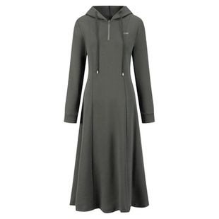 DTLAND早春上新女装深灰连帽长裙修身显瘦抽绳连衣裙子