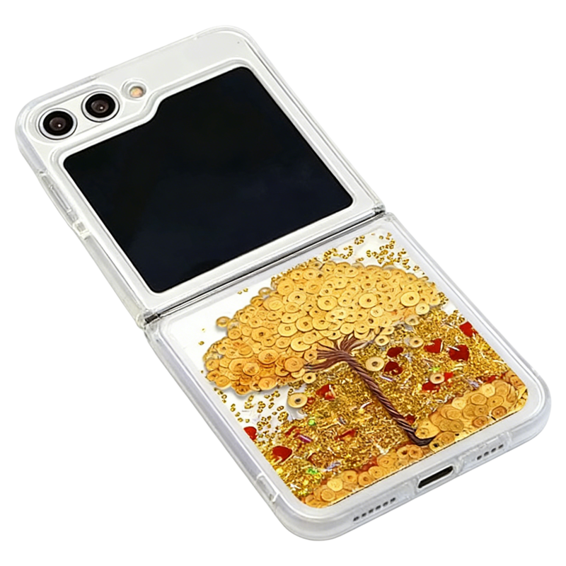 摇钱树折叠流沙壳适用三星zflip5手机壳新款简约高级三星zflip6外壳硅胶防摔金色流沙三星zflip7透明保护套女