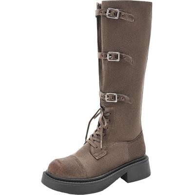 EBLAN/伊伴厚底绑带棕色长筒靴女