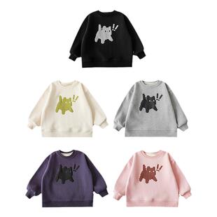 幼悠男童猫咪印花加绒加厚圆领卫衣儿童冬季新款休闲上衣防风冬装