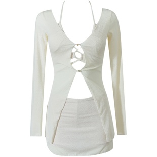 白色纯欲比基尼泳衣女分体长袖罩衫2024新款小胸性感挂脖海边温泉