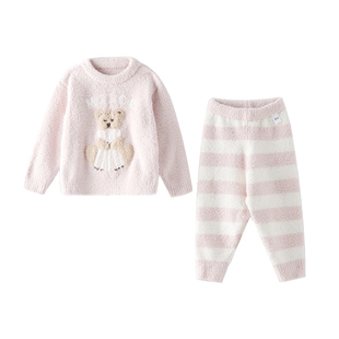 米乐熊女童睡衣儿童秋冬睡裤童装秋衣女孩宝宝法兰绒家居服套装