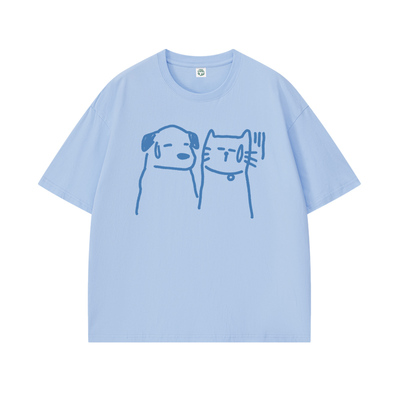 「无语猫狗」美式手绘猫狗小众设计感趣味重磅男女夏季短袖T恤