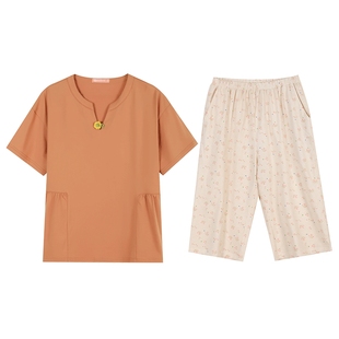 秋鹿休闲简约女士睡衣夏款针织短袖碎花七分裤家居服女夏纯棉套装