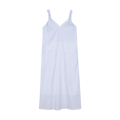 纯棉麻花条纹吊带连衣裙v领A字裙