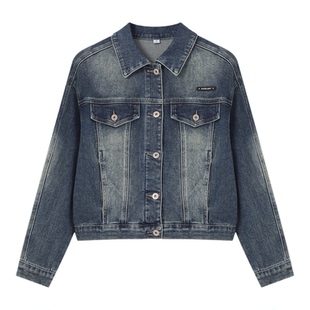 Basic House/百家好蓝色做旧牛仔夹克春季新款港风外搭短款外套女