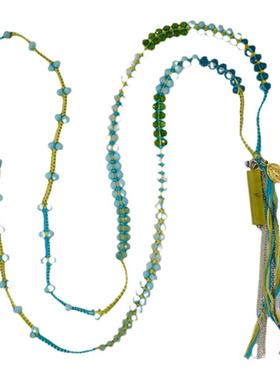 7种宝石.棉织超长绿松石珍珠母贝蓝玉编织项链Lotus Mann