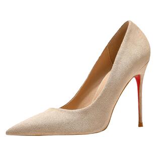 不磨脚..2025新款秋冬细跟10cm性感尖头高跟鞋红底绒面真皮欧洲站