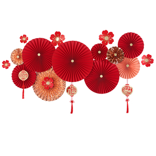 新年红色国潮商场橱窗美陈布置背景装饰吊件中国风工艺纸梅花套件