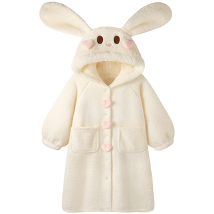 【超柔软】睡袍女款冬季珊瑚绒加厚保暖甜美小兔中长款浴袍家居服