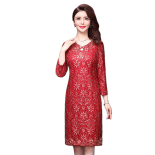 香妮芬2026春季新款中年妈妈蕾丝连衣裙喜庆婚宴装中长款婚礼礼服