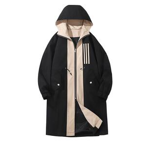 中长款拼色风衣男生oversize过膝大衣休闲帅气外套春秋款连帽上衣