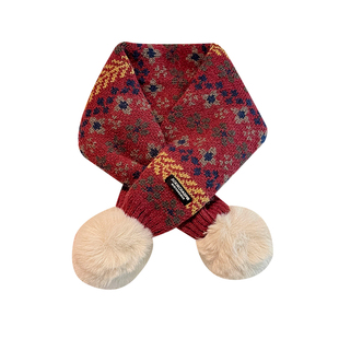 儿童围巾冬季男女童宝宝红色防风保暖围脖女孩交叉毛球新年款脖套