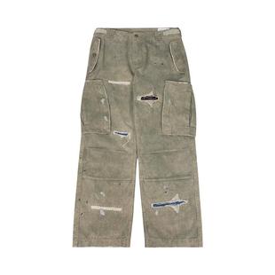 BIGFORSAM美式复古泼墨重磅做旧口袋破坏工装裤直筒情侣休闲军裤