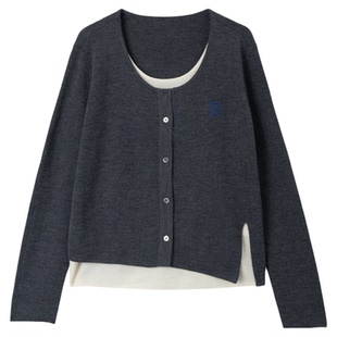 【100%羊毛】OTT冬新款宽松灰色假两件针织衫女撞色针织羊毛衫