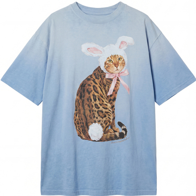 周里物水洗蓝豹纹宽松显瘦T恤女