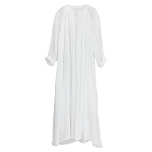 棉麻文艺中式女装2026夏季新款七分袖圆领苎麻压褶宽松大摆连衣裙