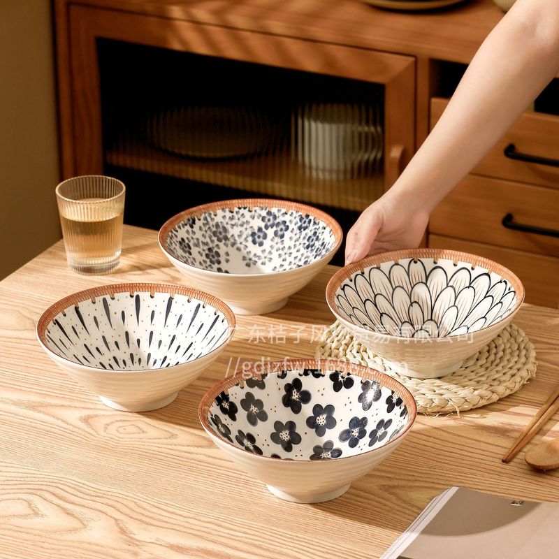 中式面碗家用汤碗陶瓷餐具藤编拉面碗商用斗笠大号碗泡面复古碗