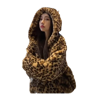 韩版秋冬豹纹小熊外套可爱女生仿兔毛皮草夹克短款加厚连帽款上衣