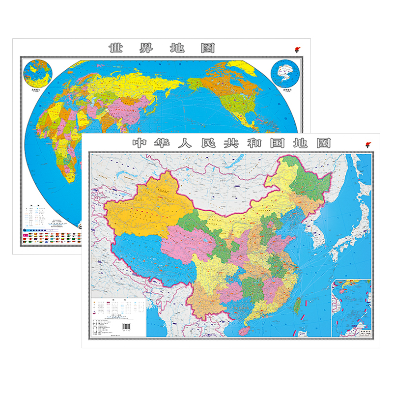 世界地图中国地图高清新版学生通用 约108*76厘米办公室家庭客厅贴图膜防水无折痕 大尺寸墙面装饰画 2025新版现货 共2张