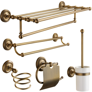 卫生间浴巾架黄铜挂件套装毛巾架浴室纸巾架收纳置物架欧式仿古
