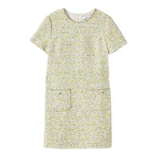 朗姿浅绿色小香风粗花呢圆领短款短袖设计感连衣裙女2025年夏季