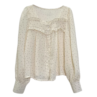 法式复古温柔风洋气气质长袖方领木耳边别致波点雪纺衬衫上衣女潮