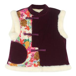 大耳象女童花朵小鸟毛绒旗袍马甲&不对称撞色毛绒旗袍马甲