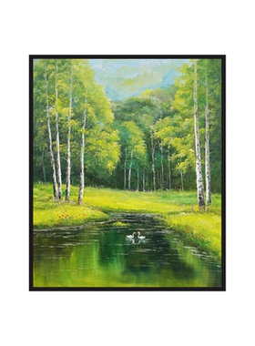 绿色森林河流天鹅风景手绘油画入户正对门玄关装饰画客厅餐厅挂画