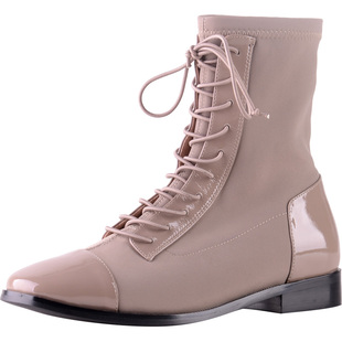 VDVC法式小众秋新款杏色弹力靴瘦瘦靴低跟马丁靴方头短靴舒适单靴